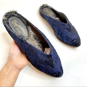 Seychelles | Brocade Faux Fur Lined Blue Mule US 8